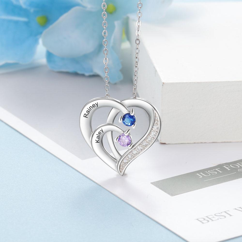 Personalised Mother Necklace Engraved 2 Names 2 Birthstone Intertwined Heart Pendant