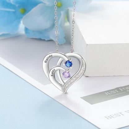 Personalised Mother Necklace Engraved 2 Names 2 Birthstone Intertwined Heart Pendant