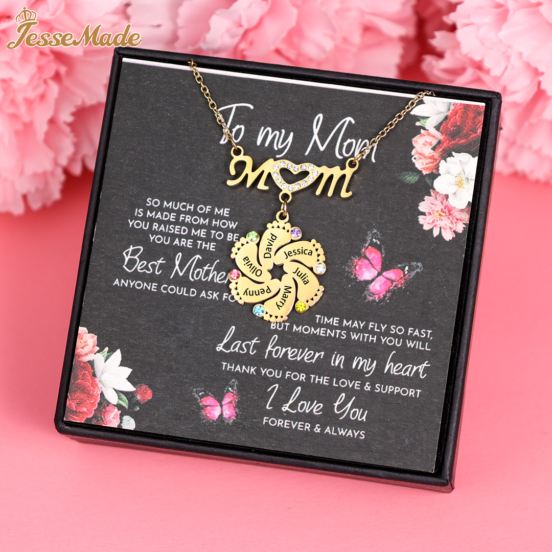 Mom Necklace Customised Baby Feet Necklace with Birthstones Engraving 8 Names Gifts for Her-Jessemade AU