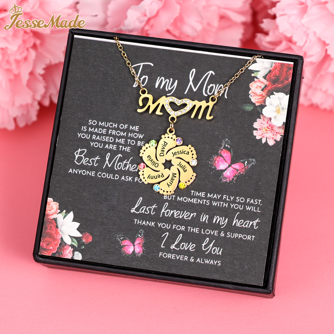 Mom Necklace Customised Baby Feet Necklace with Birthstones Engraving 1 Name Gifts for Her-Jessemade AU