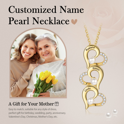 3 Names - Personalised Heart Shape Pendant Necklace Women's Customised Name Necklace Pearl Necklace Birthday Gift for Mother-Jessemade AU