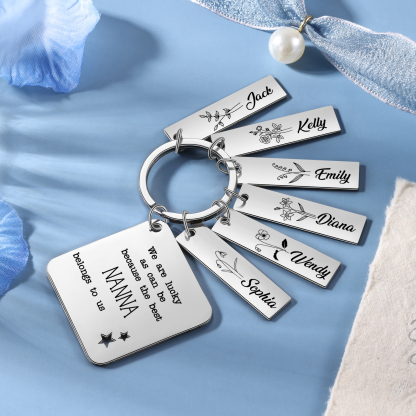Personalised 6 Names & 6 Birth Flowers Keychain Custom Text Family Keychain Gifts for Mother/Grandma-Jessemade AU