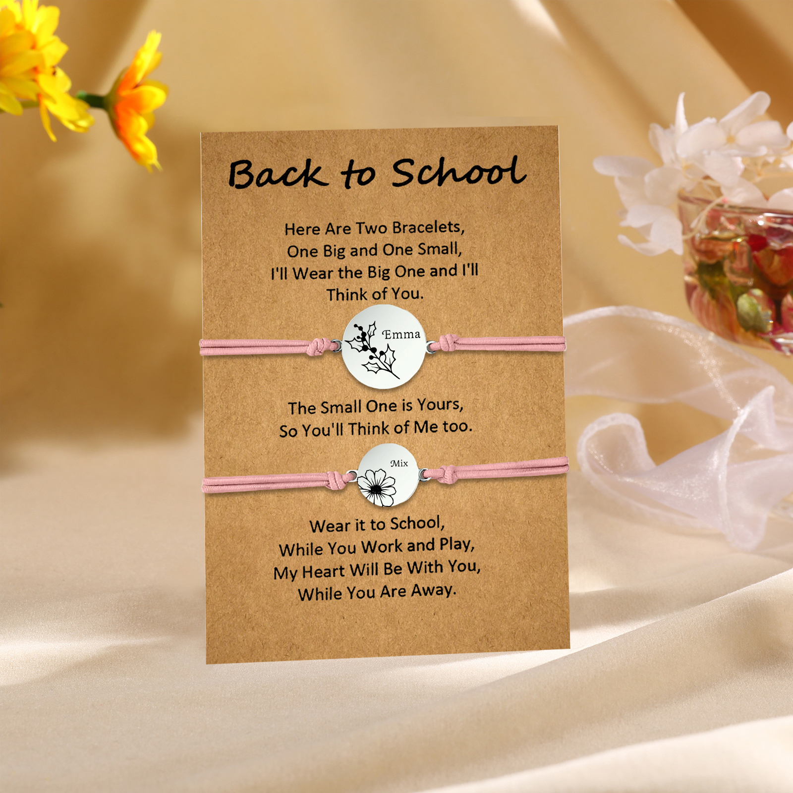 2 Pcs Bracelet Set Personalised Names & Birth Flowers Adjustable Bracelets with Message Card Back to School Gifts for Daughters-Jessemade AU
