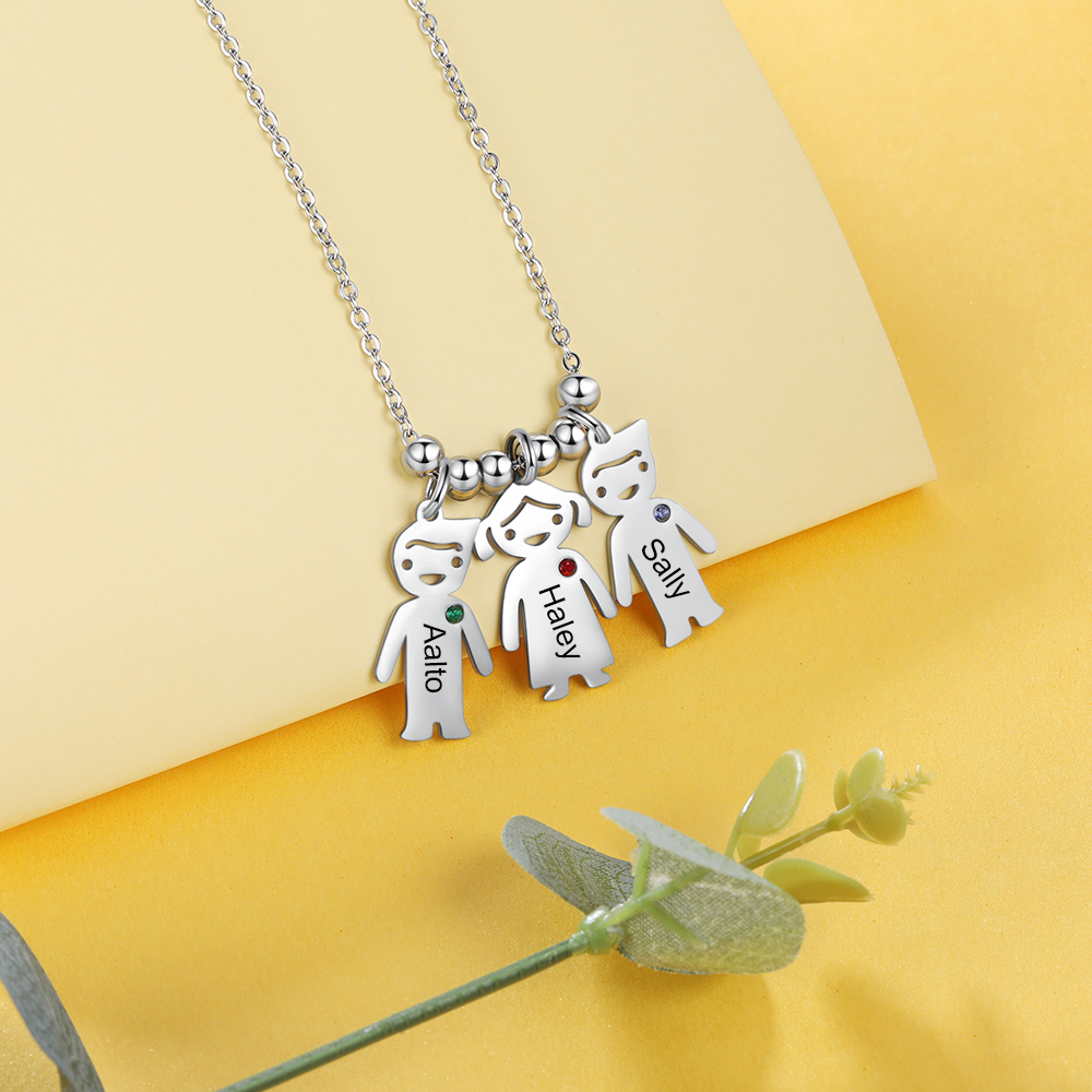 Personalised Kids Charm Necklace With 1 Birthstone Engraved Names Gift For Mother-Jessemade AU