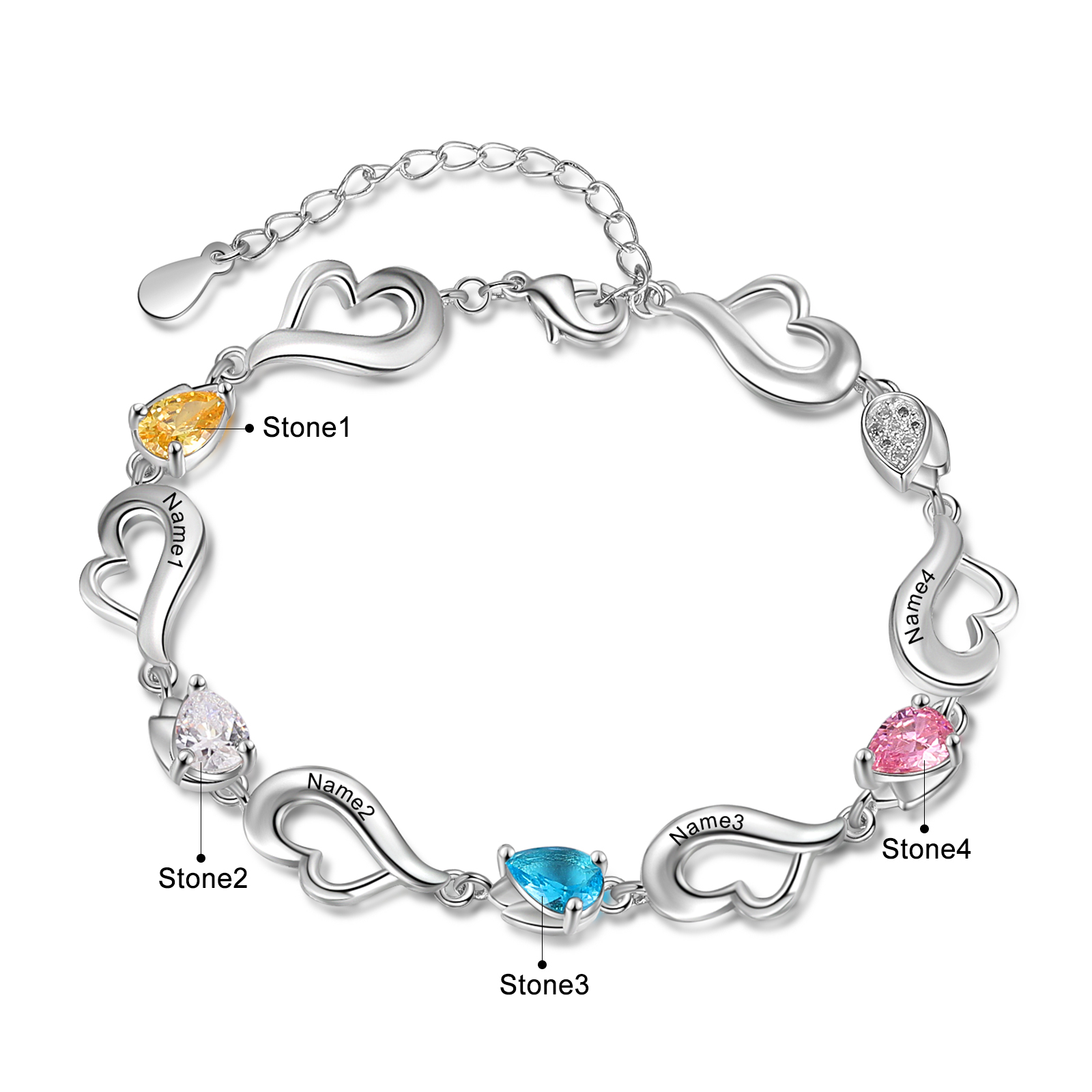 Personalised Heart Bracelet With 4 Birthstones Engraved Name Bracelet Gifts For Her-Jessemade AU