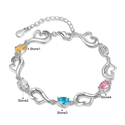 Personalised Heart Bracelet With 4 Birthstones Engraved Name Bracelet Gifts For Her-Jessemade AU