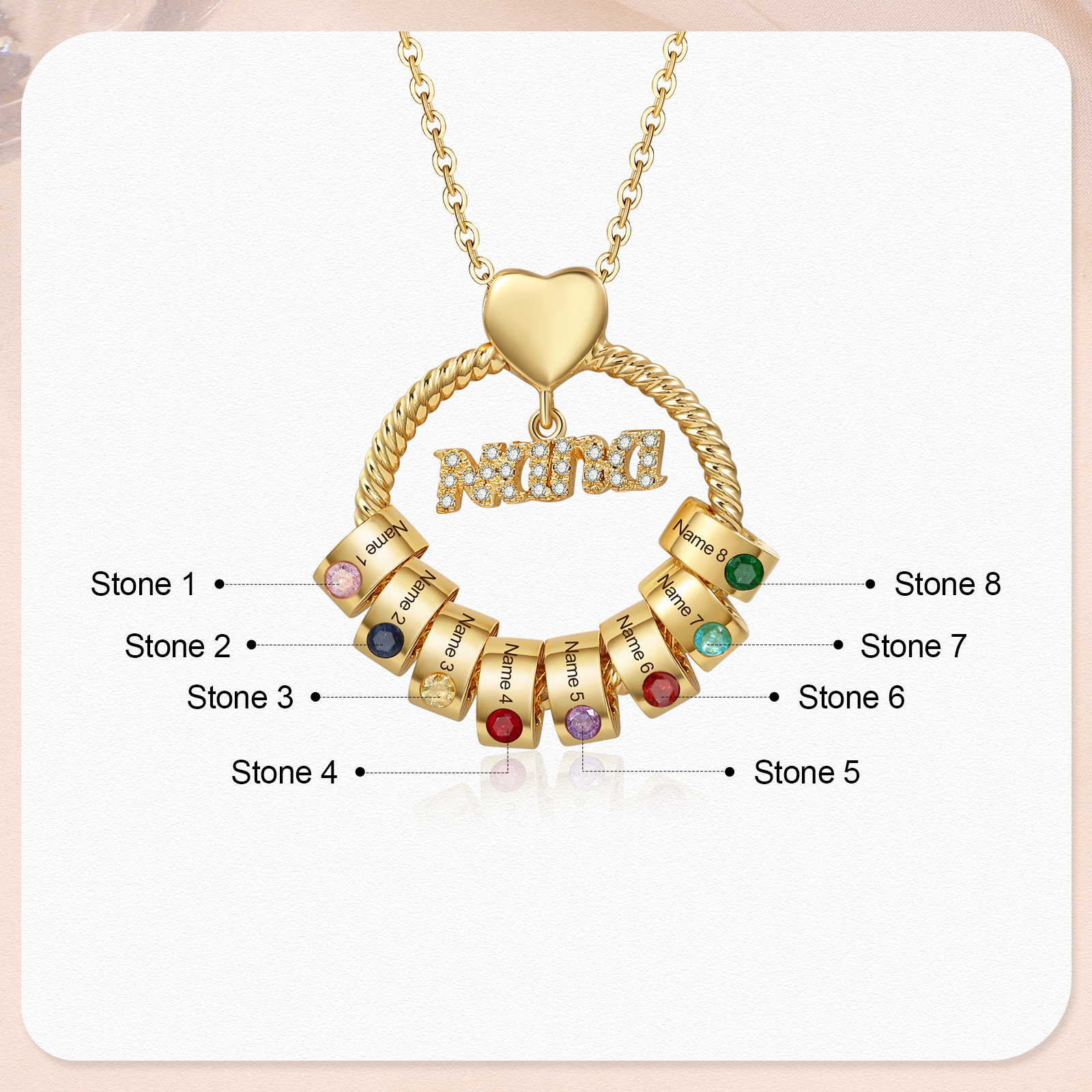 8 Names - Personalised Nana Necklace Custom Names & Birthstones Circle Pendant Necklace Gift for Grandma Nana-Jessemade AU