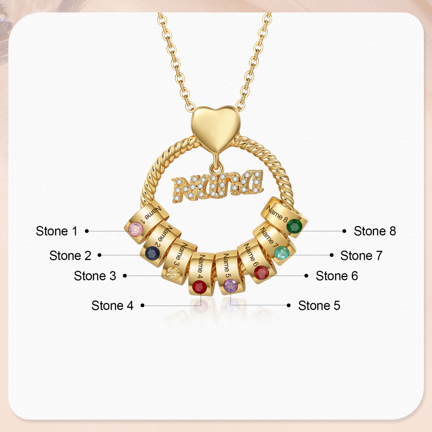 8 Names - Personalised Nana Necklace Custom Names & Birthstones Circle Pendant Necklace Gift for Grandma Nana-Jessemade AU