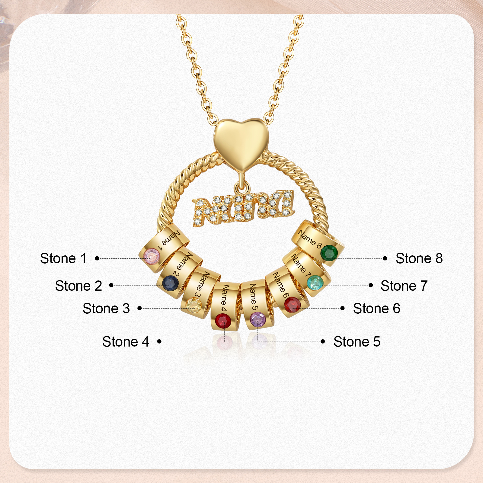 8 Names - Personalised Nana Necklace Custom Names & Birthstones Circle Pendant Necklace Gift for Grandma Nana-Jessemade AU