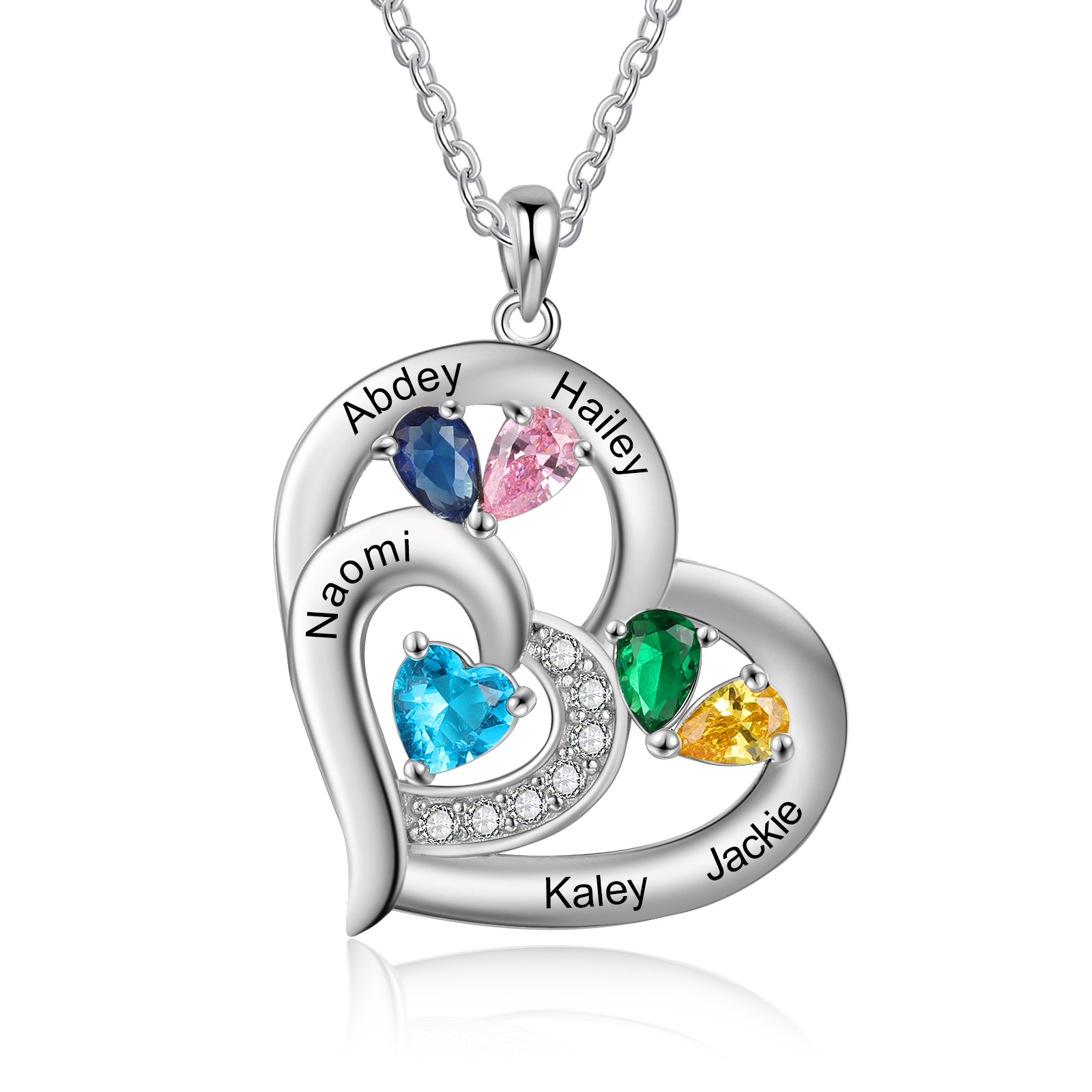 Personalised Heart Necklace With 5 Birthstones Engraved Names Gift For Her-Jessemade AU