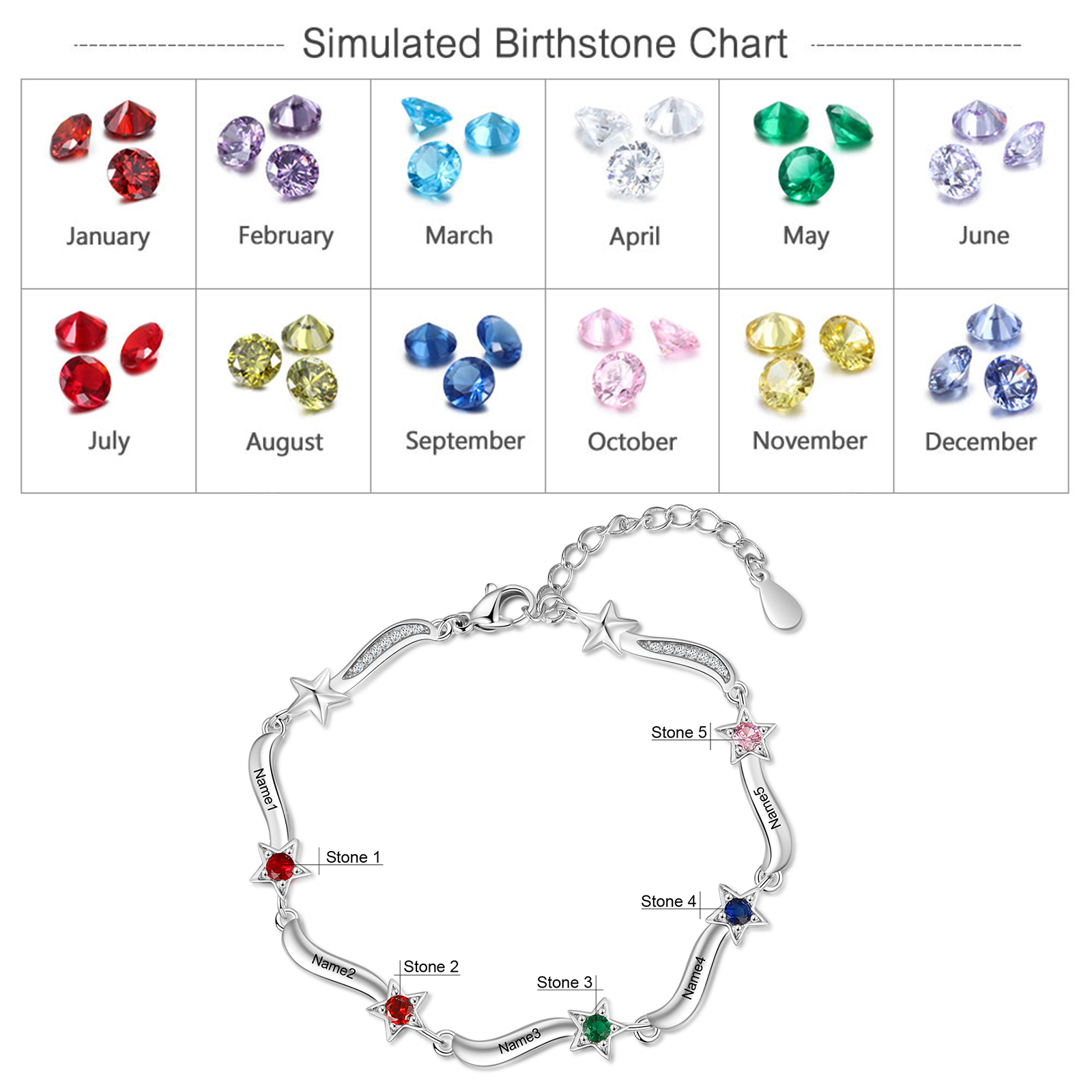 Personalised Star Bracelet With 5 Birthstones Custom Names Bracelet Gift For Women-Jessemade AU