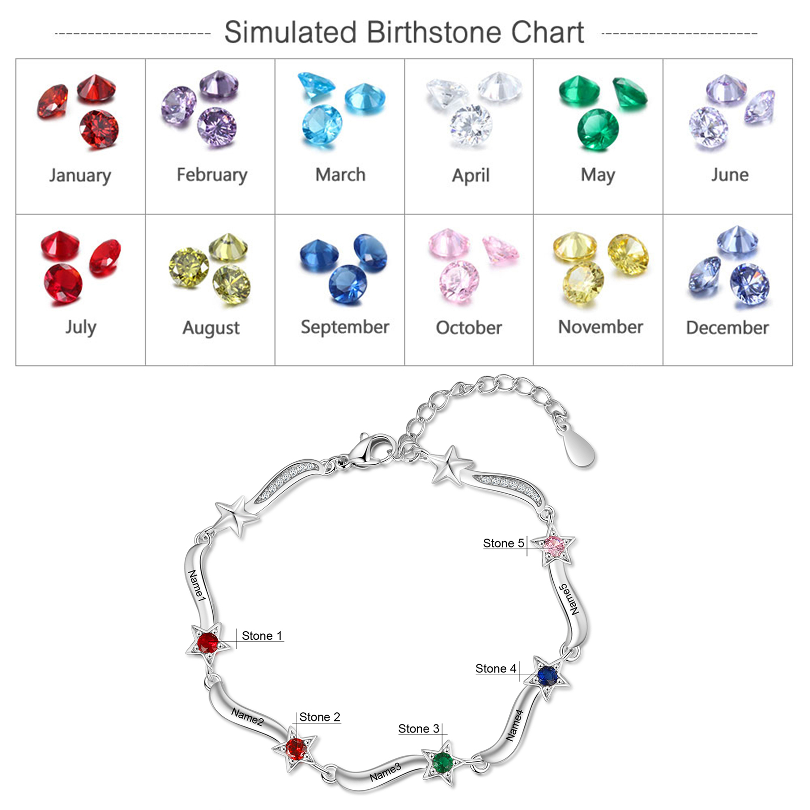 Personalised Star Bracelet With 5 Birthstones Custom Names Bracelet Gift For Women-Jessemade AU
