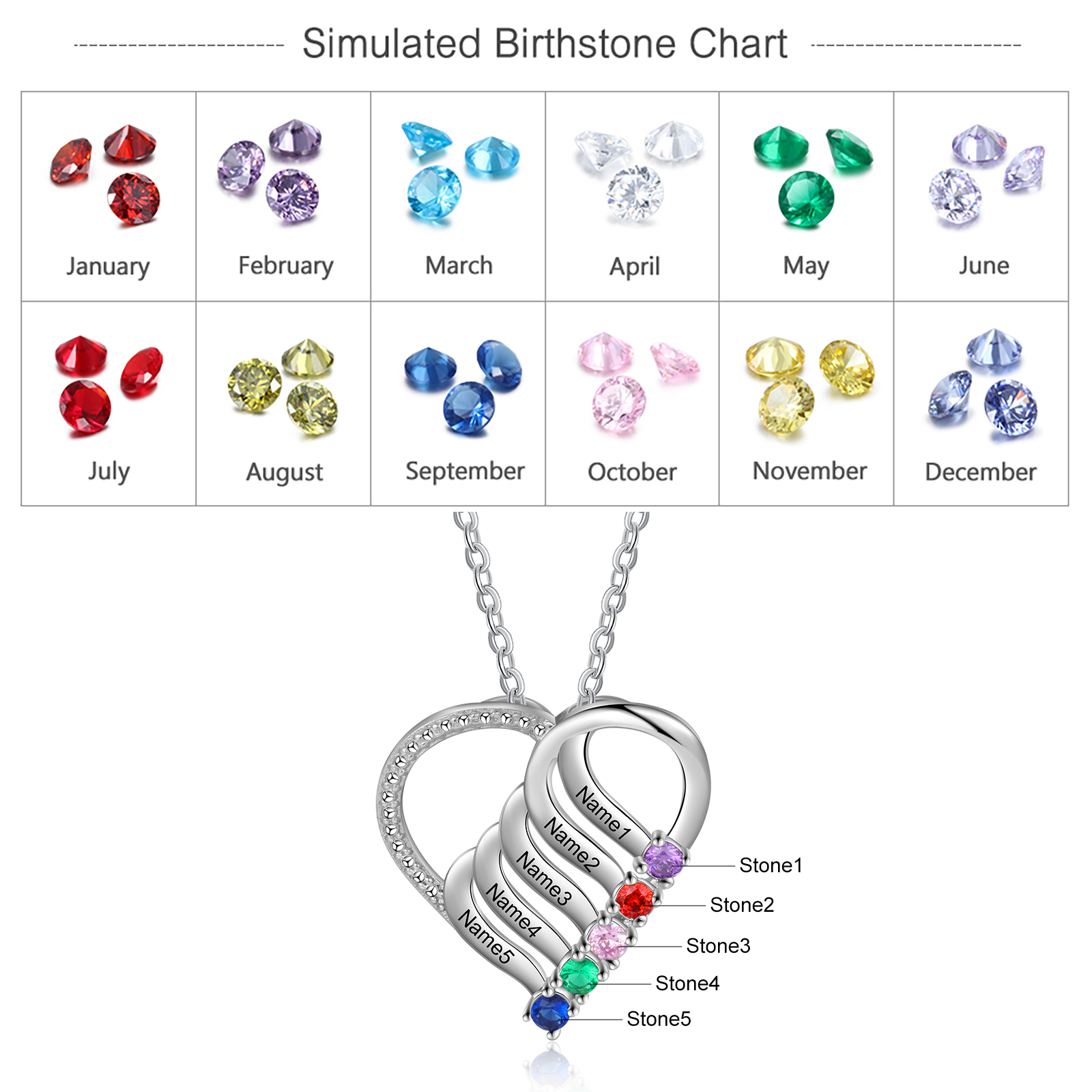 Personalised Heart Necklace With 5 Birthstones Engraved Names Gift For Her-Jessemade AU