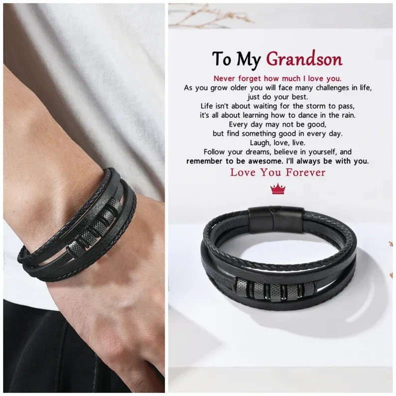 To My Grandson Leather Bracelet "I’ll always be with you" Inspirational Gifts For grandon-Jessemade AU