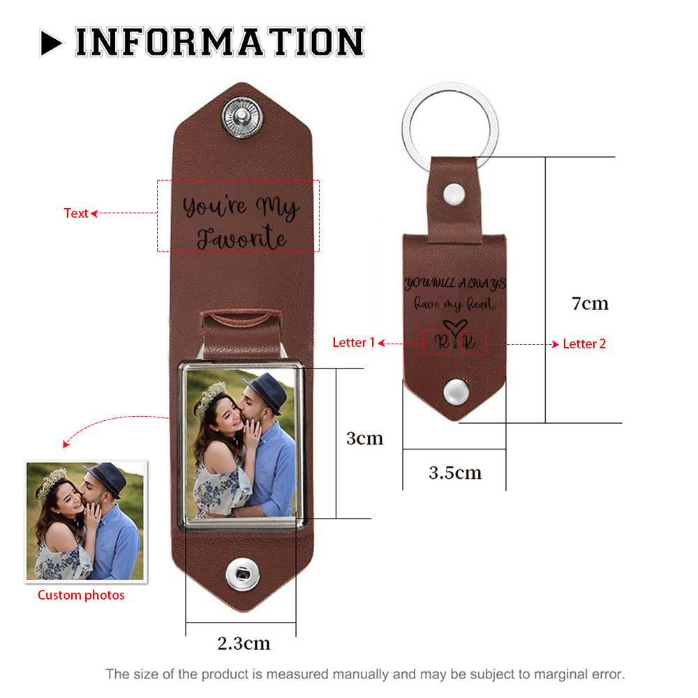Personalised Photo Keychain Custom Text & 2 Letters Leather Keyring Gifts for Couples - You Will Always Have My Heart-Jessemade AU