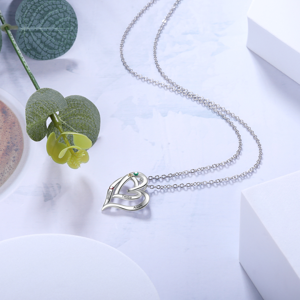 Personalised Heart Necklace With 2 Birthstones Engraved Names Gift For Her-Jessemade AU