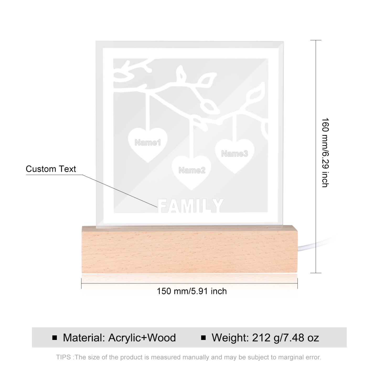 Personalised Family Tree Night Light LED Sign Engraved 3 Names Plaque USB Power Lamp-Jessemade AU