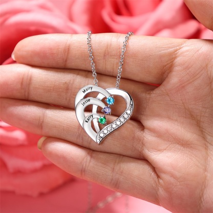 Personalised Mother Necklace Engraved 2 Names 2 Birthstone Intertwined Heart Pendant
