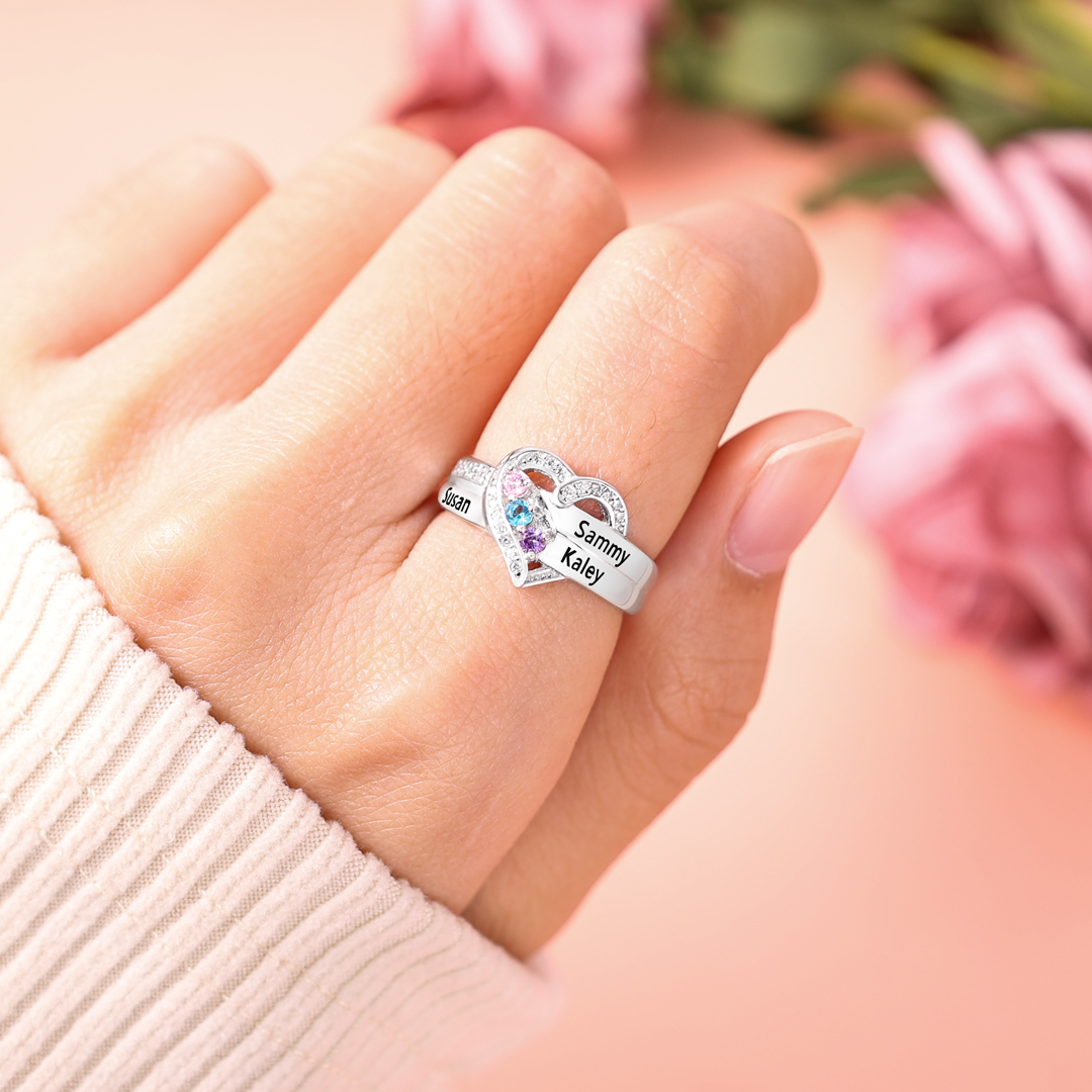 S925 Silver Personalised Mother Ring with 3 Birthstones Heart Family Ring-Jessemade AU