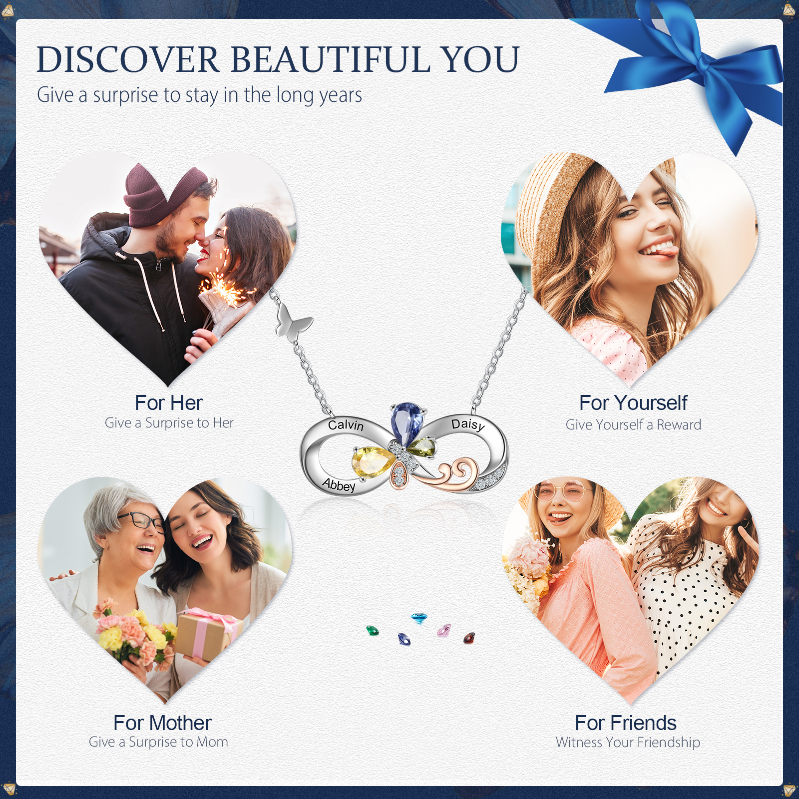 Personalised Infinity Butterfly Necklace With 3 Birthstones Engraved Names Gift For Women-Jessemade AU