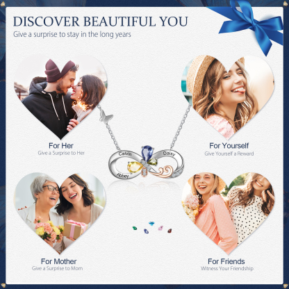 Personalised Infinity Butterfly Necklace With 3 Birthstones Engraved Names Gift For Women-Jessemade AU