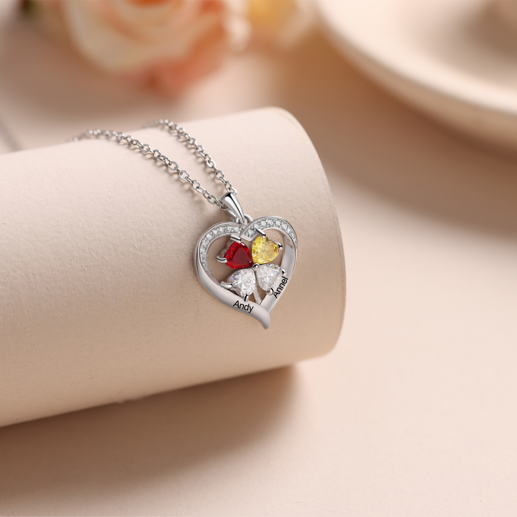 Personalised Heart Necklace with 2 Birthstones Engrave Names Family Necklace for Mom-Jessemade AU
