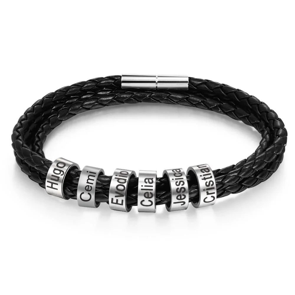 Leather Braided Bracelet Men Bracelets Personalised 6 Names 6 Beads Gift For Dad