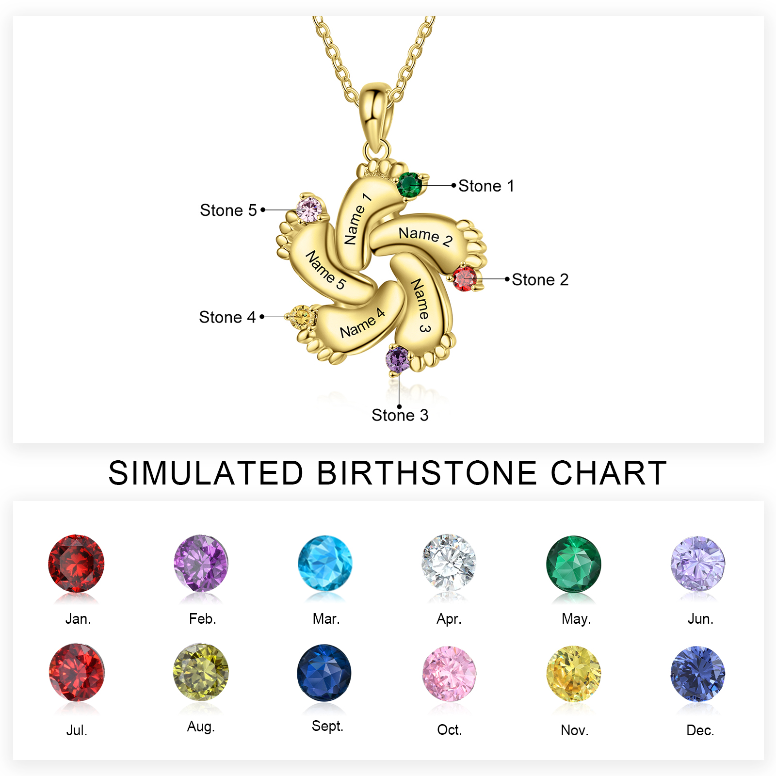 Personalised Baby Feet Necklace With 5 Birthstones Engraved Names Gift For Mother-Jessemade AU