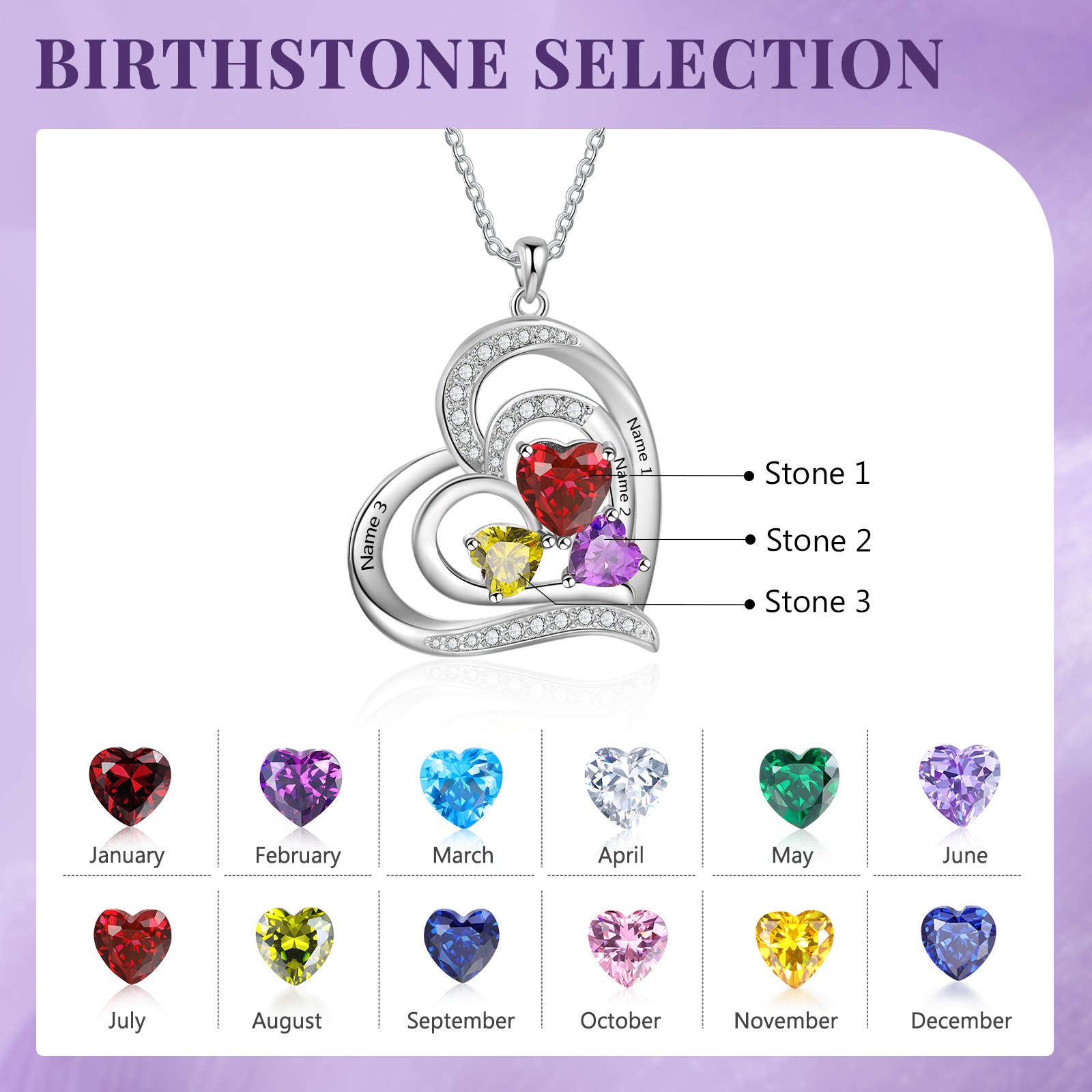 Personalised 3 Names & 3 Birthstones Necklace Custom Heart Pendant Women's Necklace Gifts for Her-Jessemade AU