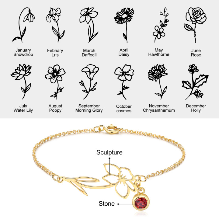 Personalised Birthflower Bracelet With 1 Birthstone Gift For Women-Jessemade AU