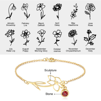 Personalised Birthflower Bracelet With 1 Birthstone Gift For Women-Jessemade AU