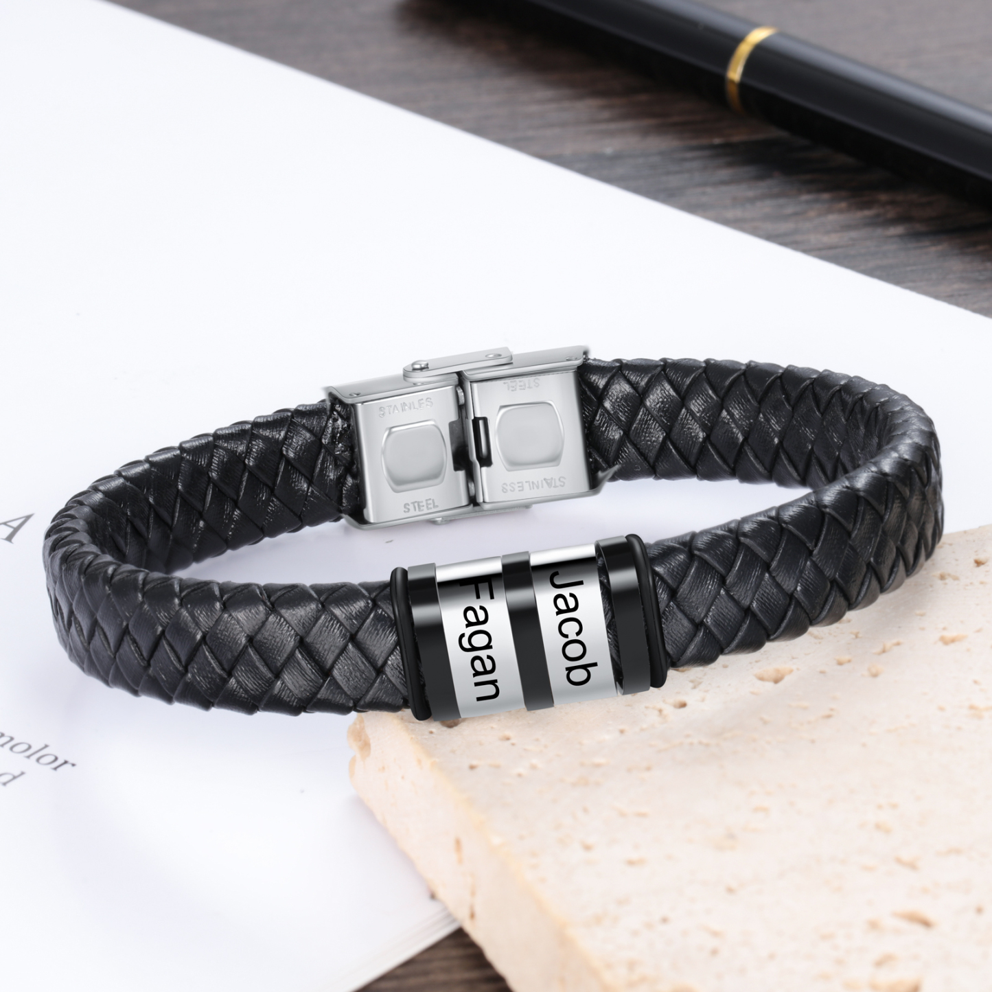 Men Leather Braided Bracelet Personalised with 2 Names Black-Jessemade AU