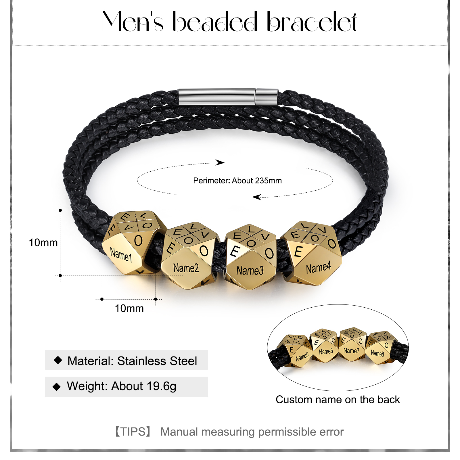 Personalised Braided Leather Bracelet Engraved 8 Names polyhedron Men's Bracelet Gifts For Him-Jessemade AU