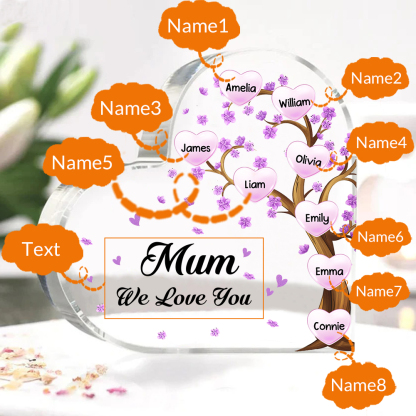 8 Names - Personalised Acrylic Heart Keepsake Custom Text Purple Flowers Tree Ornaments Gifts for Grandma/Mother-Jessemade AU
