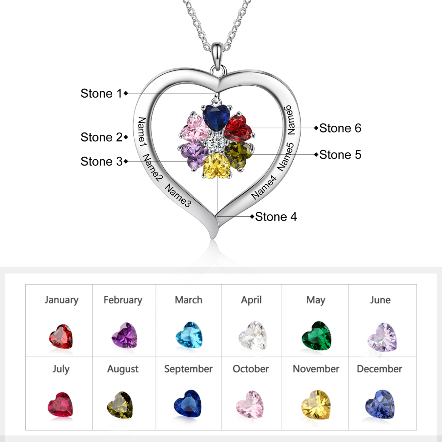Personalised Heart Pendant Necklace with 6 Birthstones Engraved Names Family Necklace Gifts for Her-Jessemade AU