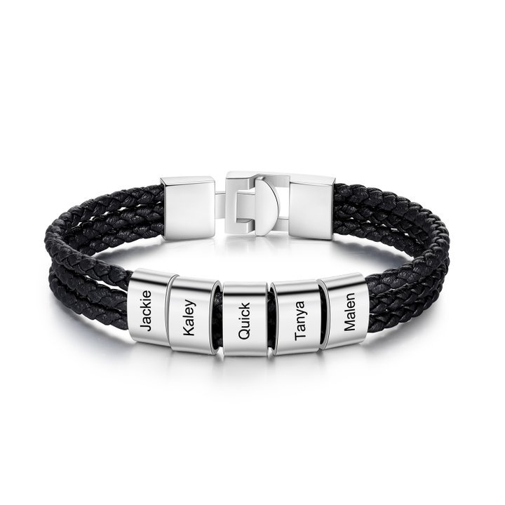 Personalised Braided Leather Bracelet Engraved 5 Names Men's Bracelet Gifts For Him-Jessemade AU