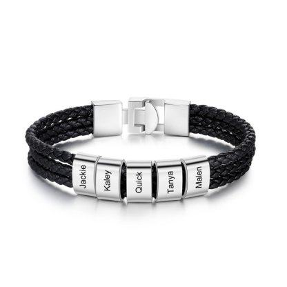 Personalised Braided Leather Bracelet Engraved 5 Names Men's Bracelet Gifts For Him-Jessemade AU