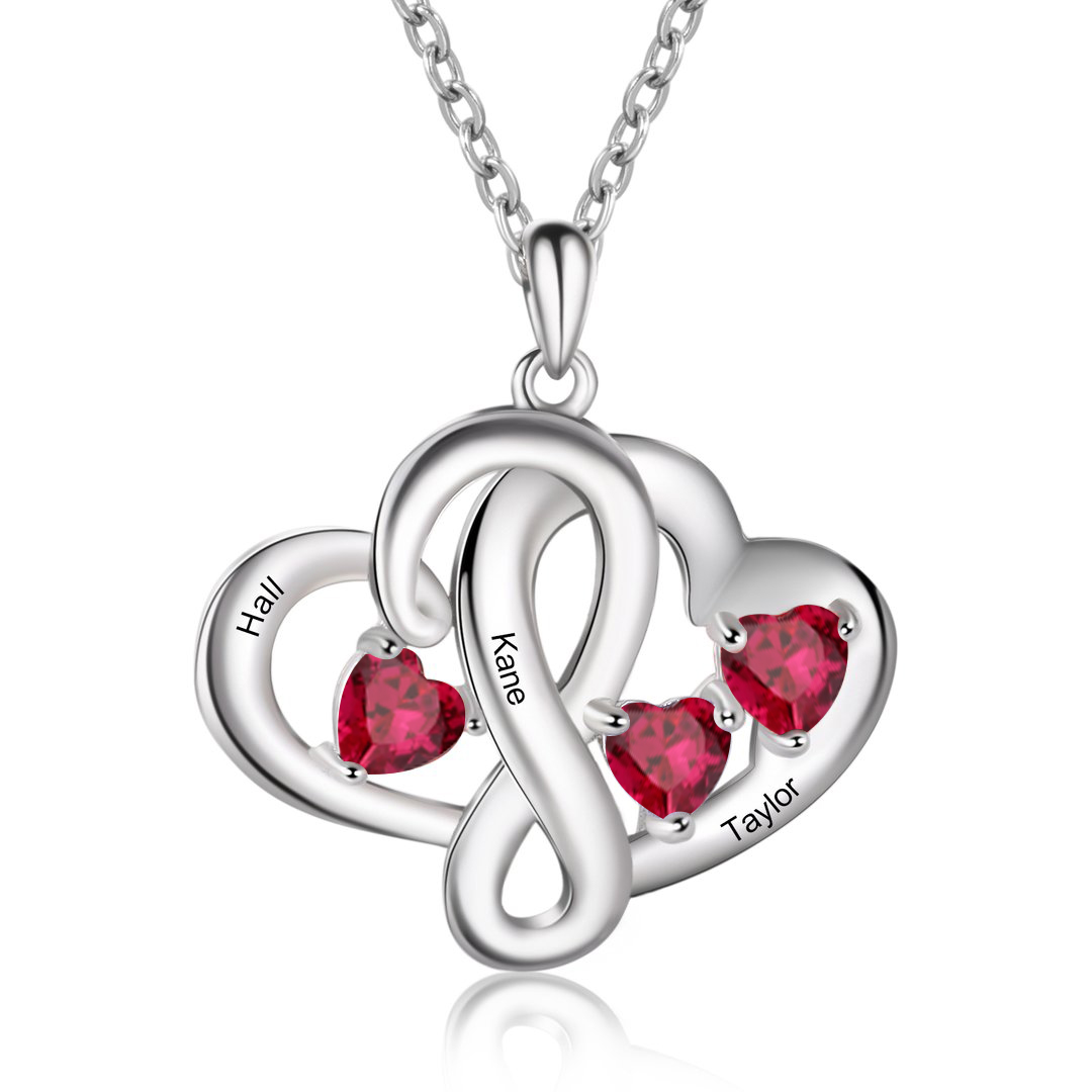 Personalised Double Hearts Birthstone Necklace With Engraving 3 Names For Lover-Jessemade AU