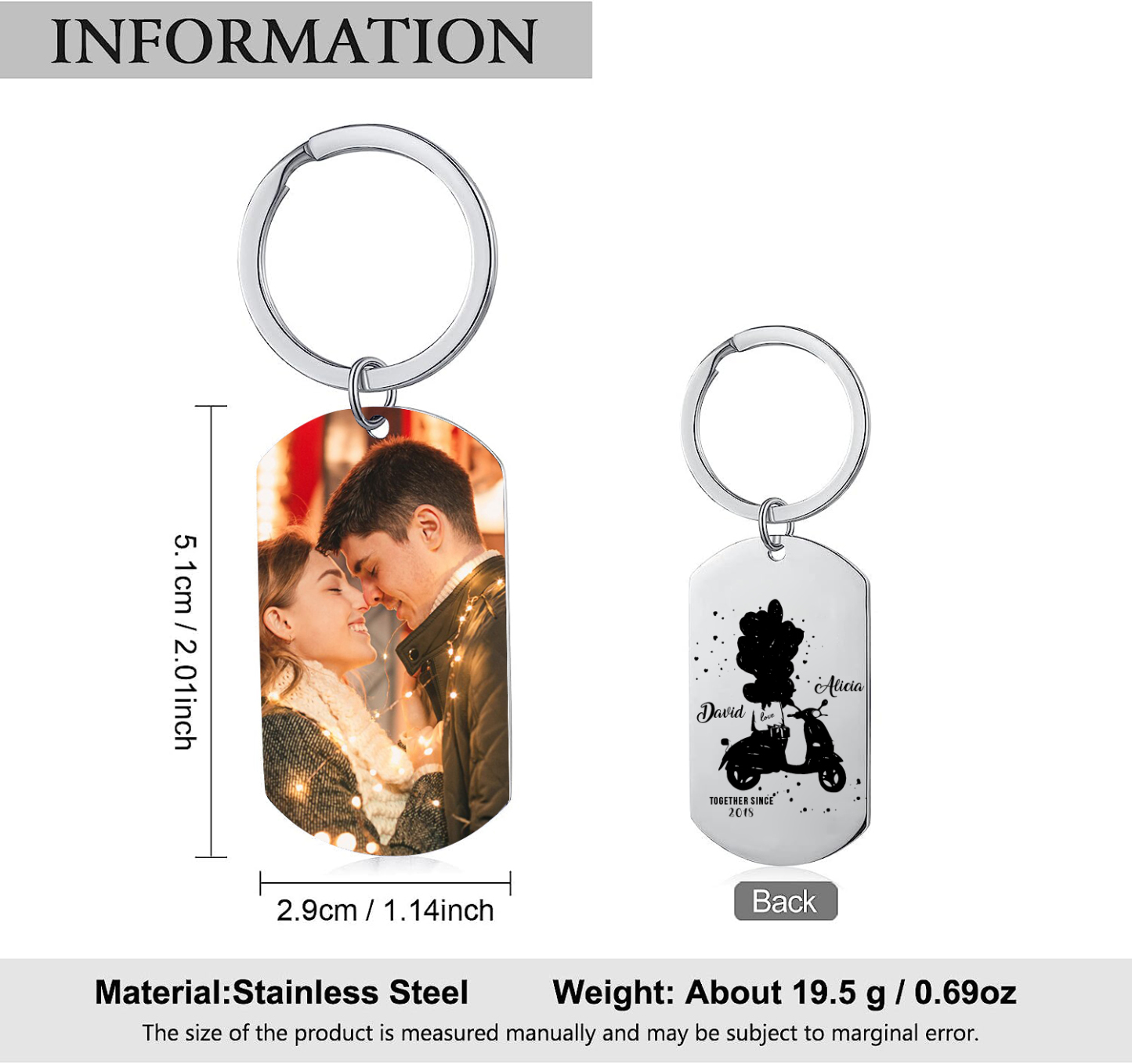 Personalised Couple Photo Keychain Custom 2 Names & Text & Year Keyring Stainless Steel Special Gifts-Jessemade AU