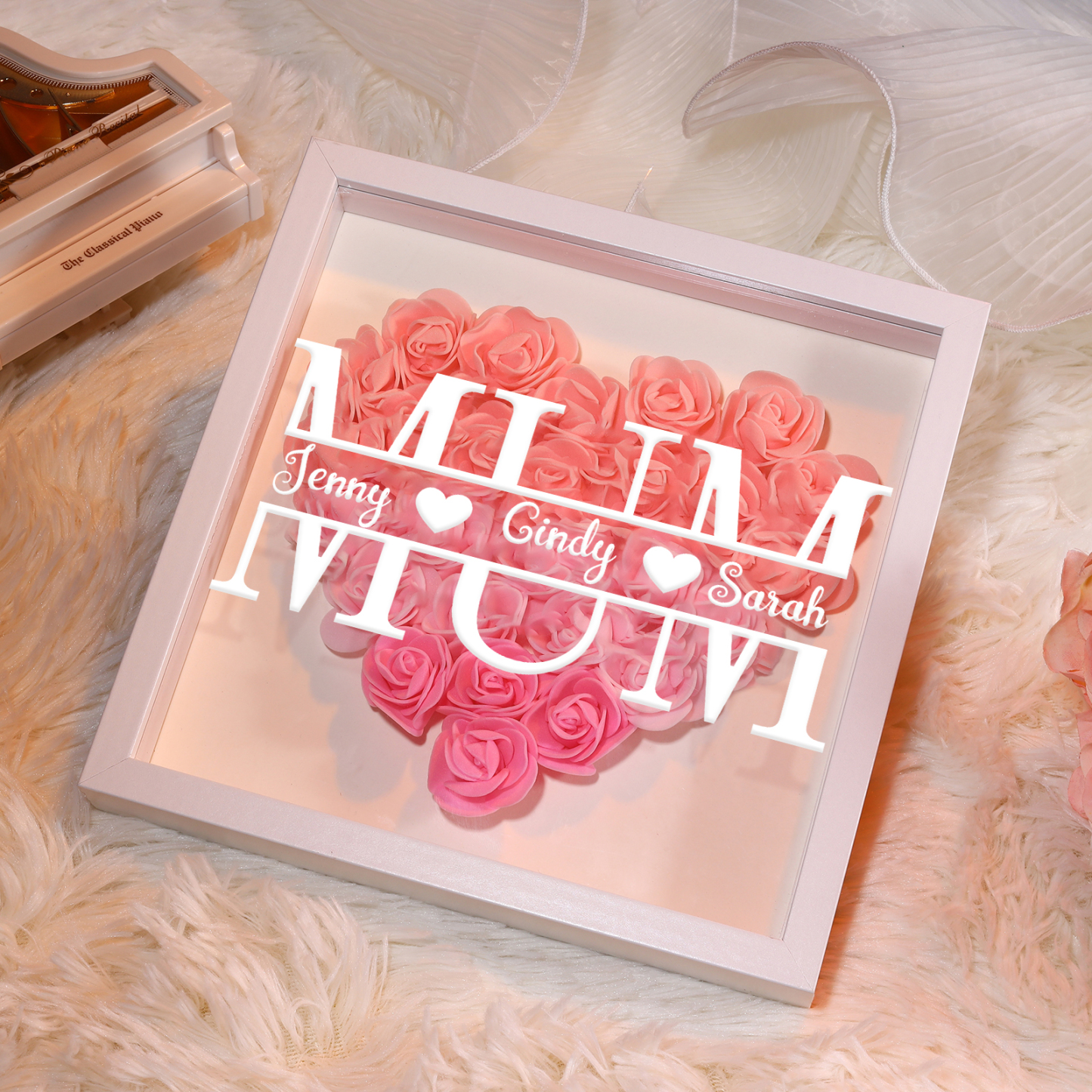 Personalised Flower Shadow Box Custom Name & Text Heart Rose Frame Decorations Mother's Day Gift for Her-Jessemade AU