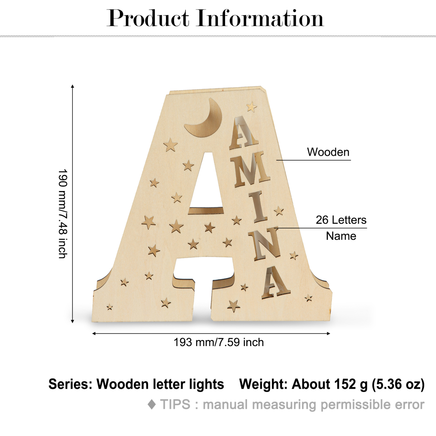 Personalised Big Letter Wooden LED Night Light Engraved 1 Name Lamp-Jessemade AU