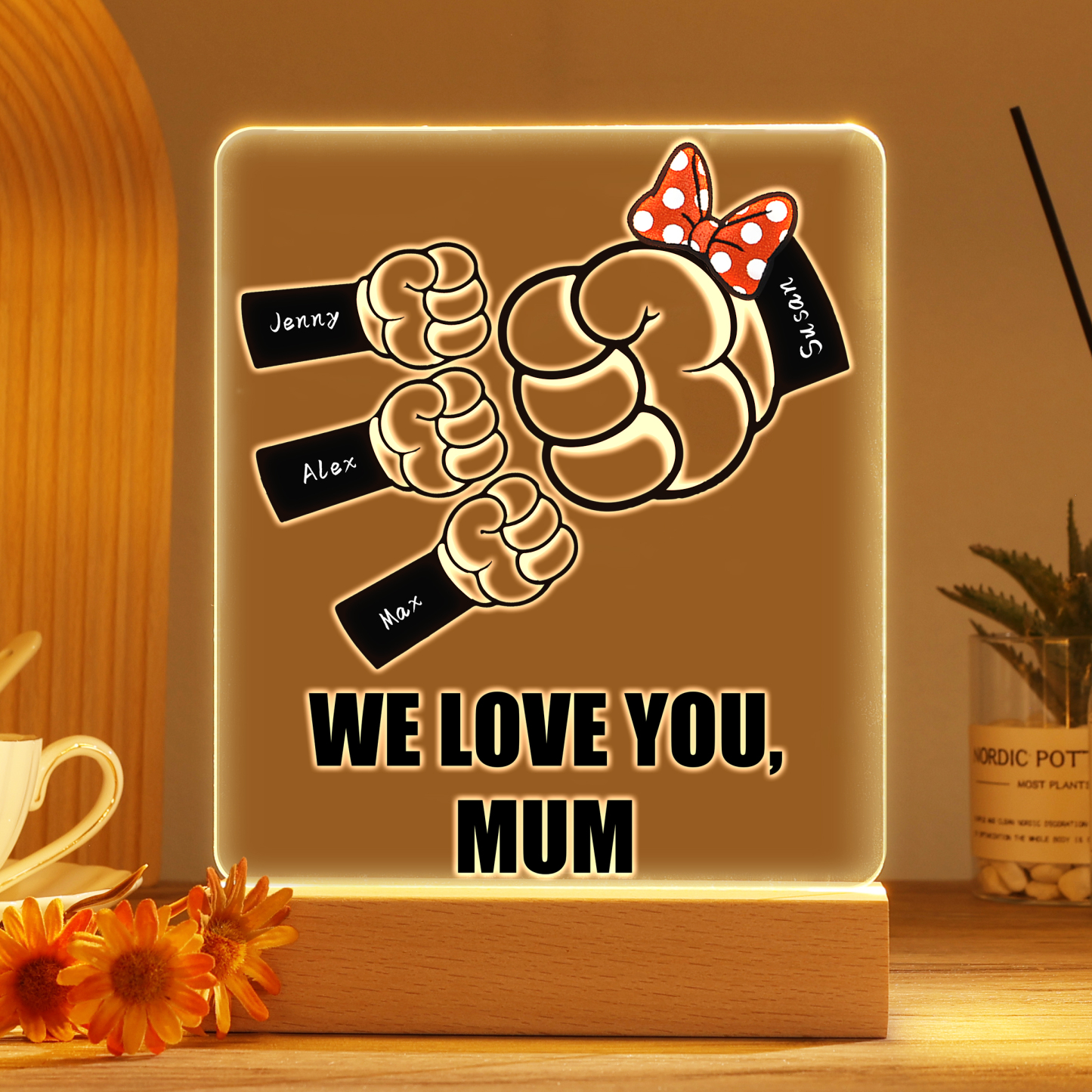 4 Names - Personalised Acrylic Night Light Custom Names & Text Fist Bump LED Lamp Gifts for Family-Jessemade AU