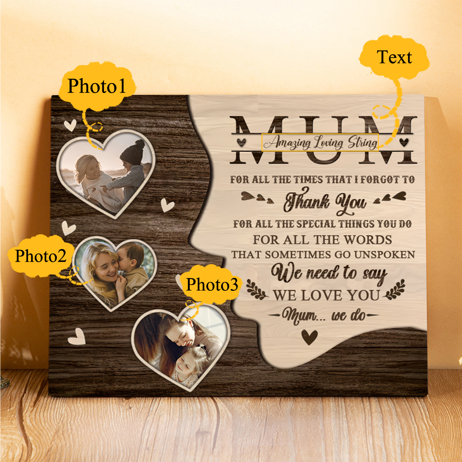 Personalised 3 Photos & 1 Text Wooden Plaque Custom Hearts Home Decor Gifts for Mum - For All The Times That I Forgot To Thank You-Jessemade AU