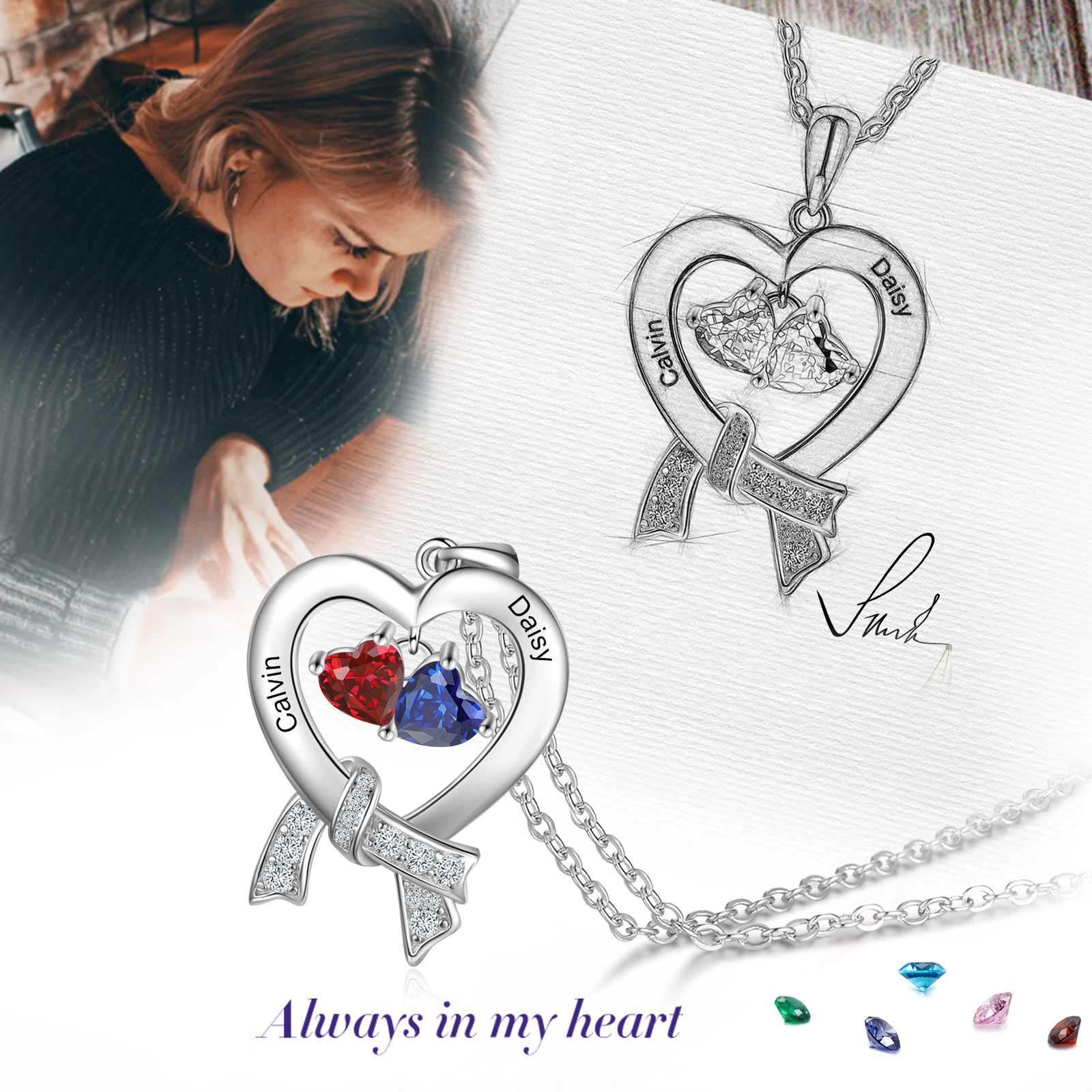 Personalised Heart Necklace With 2 Birthstones Custom Names Best Gift For Women-Jessemade AU