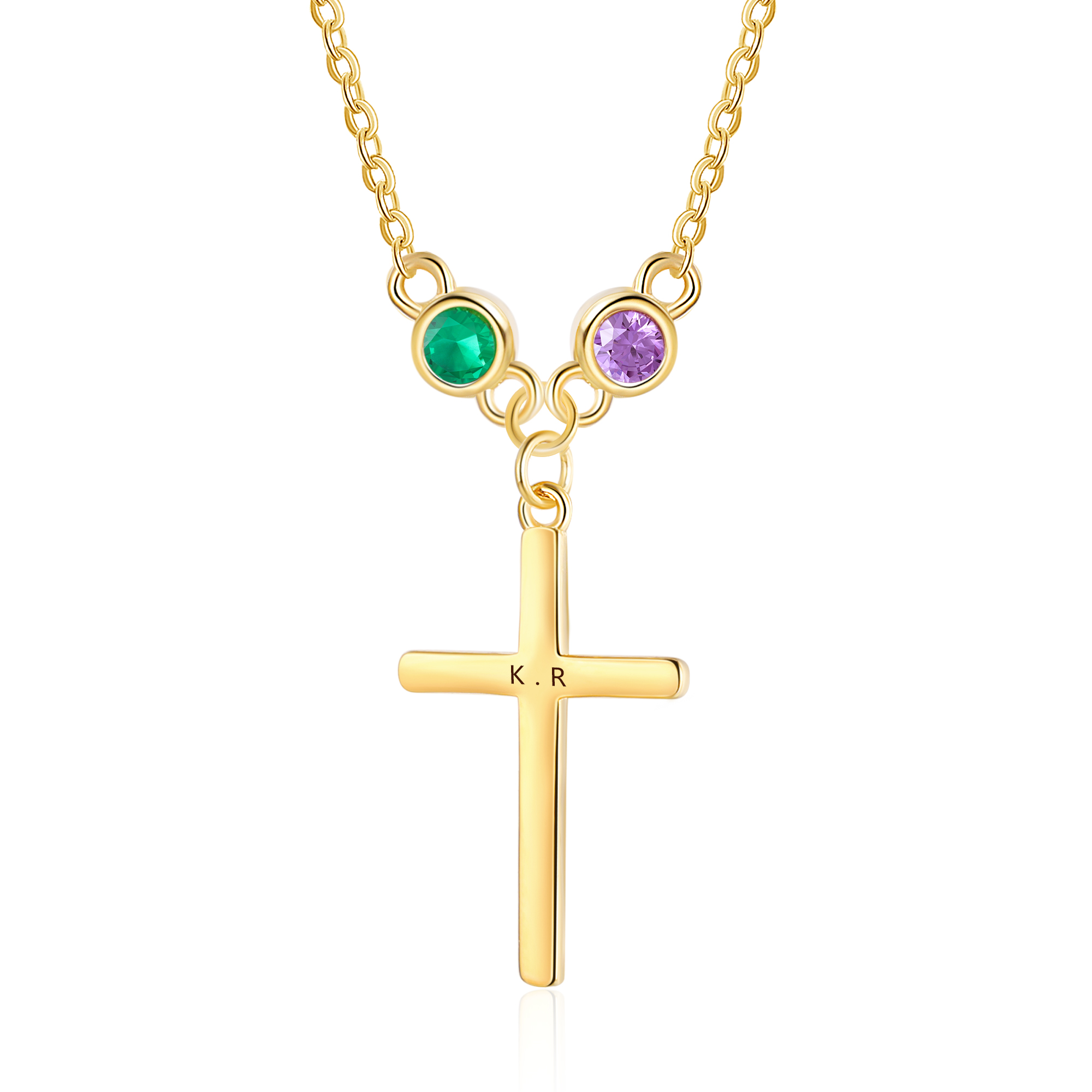 Personalised Cross Pendant Necklace Custom 2 Birthstones & 1 Text Necklace Birthday Gift for Her-Jessemade AU