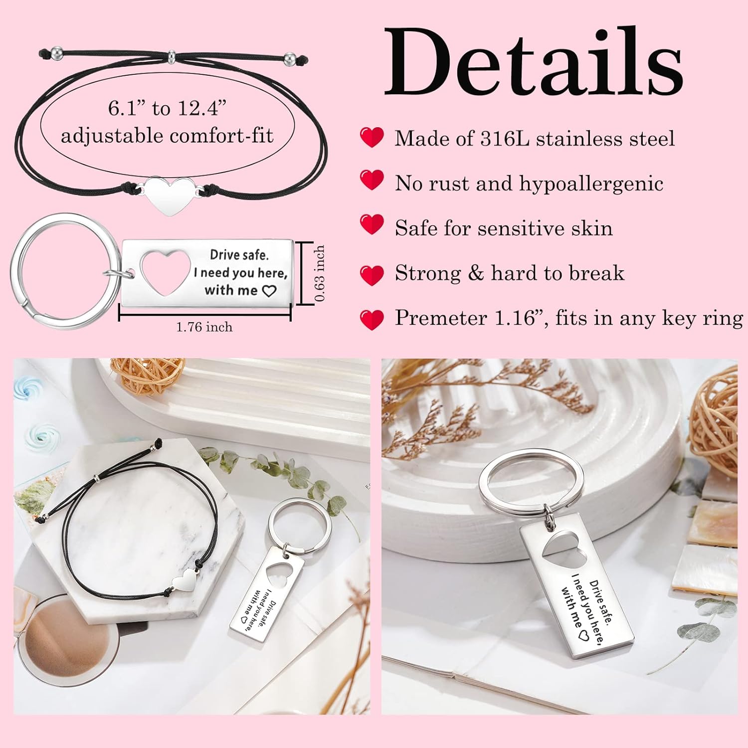 To My Man Matching Keychain Bracelet Set Heart Keychain Adjustable Bracelet Gifts for Couple - Drive Safe I Need You Here With Me-Jessemade AU