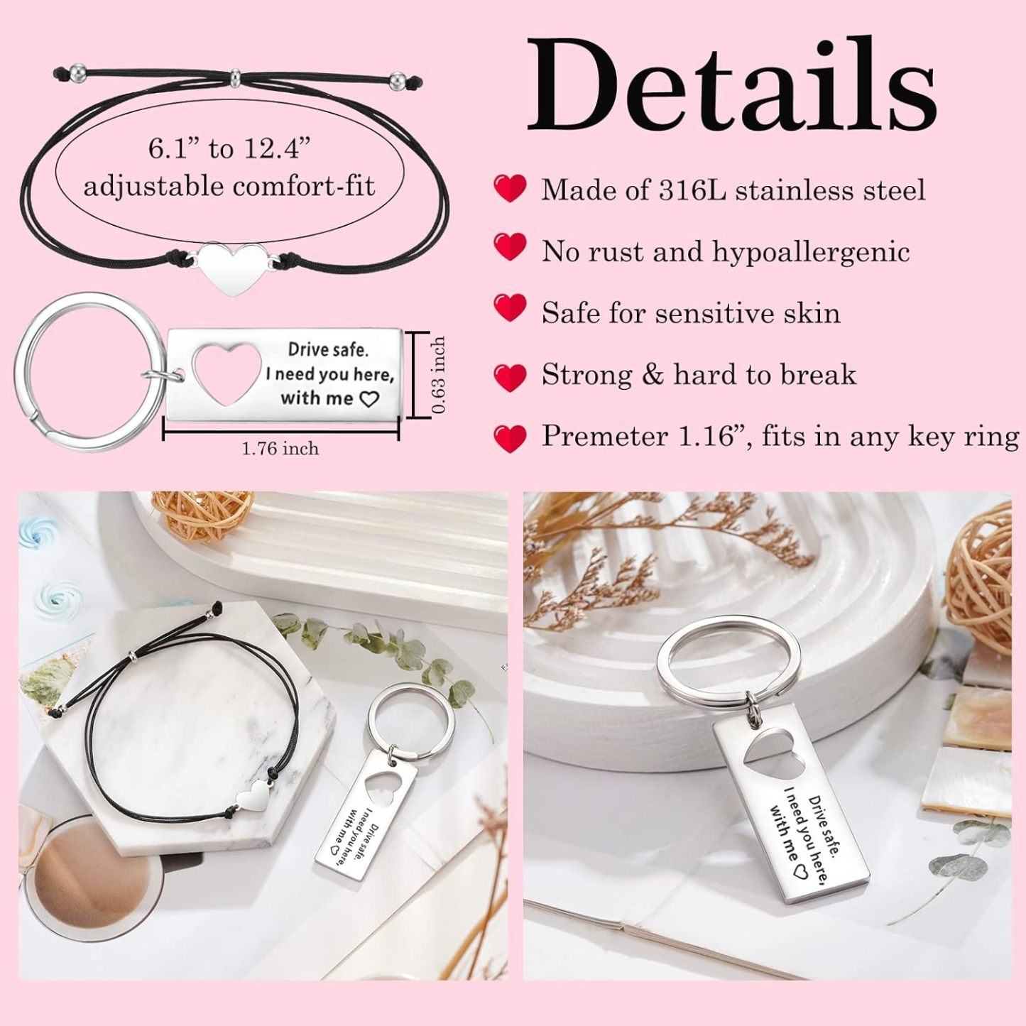 To My Man Matching Keychain Bracelet Set Heart Keychain Adjustable Bracelet Gifts for Couple - Drive Safe I Need You Here With Me-Jessemade AU