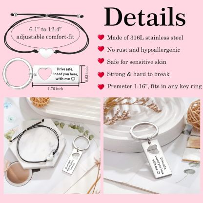 To My Man Matching Keychain Bracelet Set Heart Keychain Adjustable Bracelet Gifts for Couple - Drive Safe I Need You Here With Me-Jessemade AU
