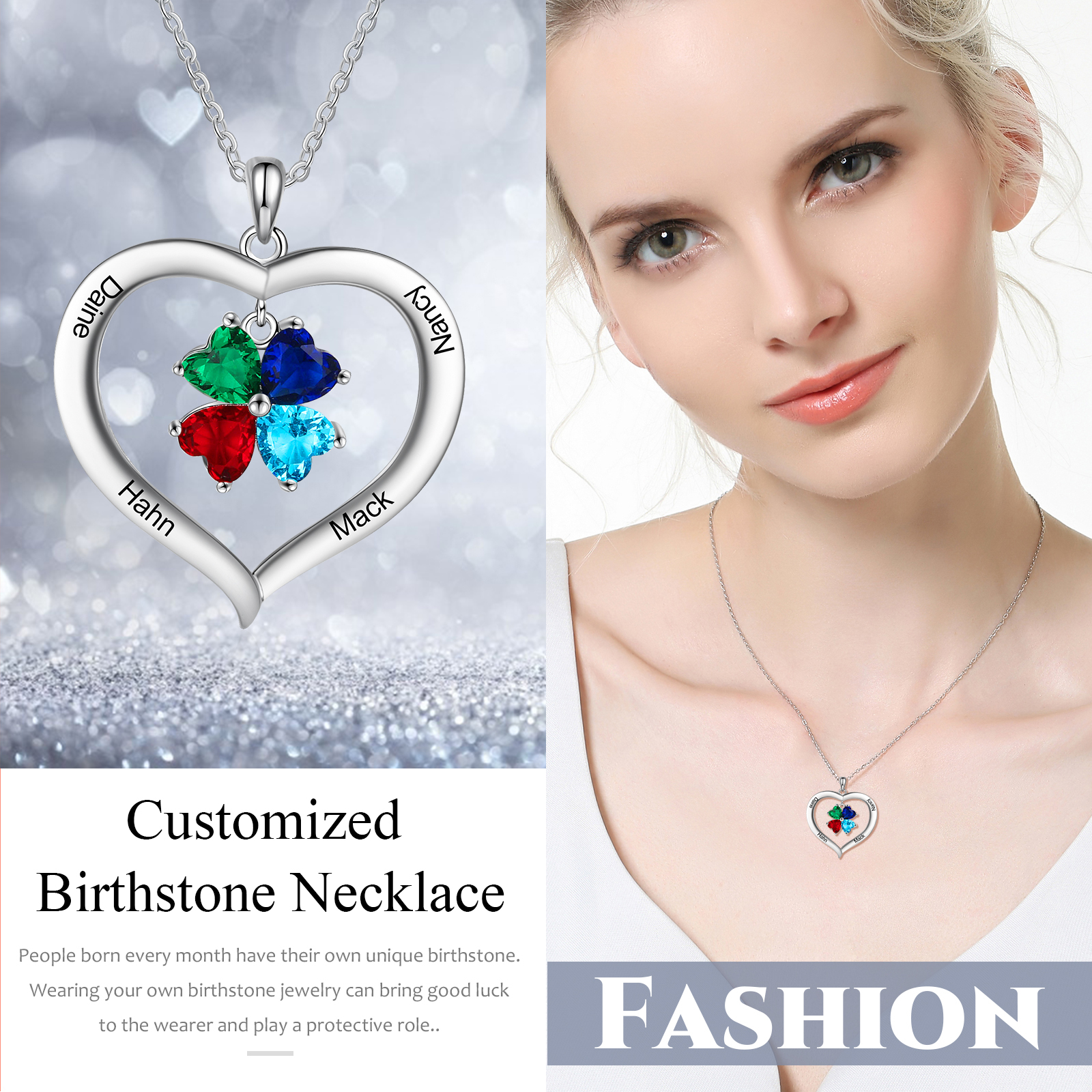 Personalised Heart Pendant Necklace with 4 Birthstones Engraved Names Family Necklace Gifts for Her-Jessemade AU
