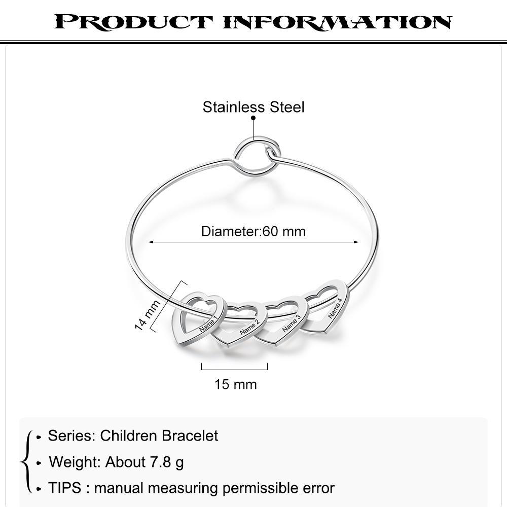Children Bangle Bracelet with 4 Heart Pendants Engraved 4 Names Gifts-Jessemade AU